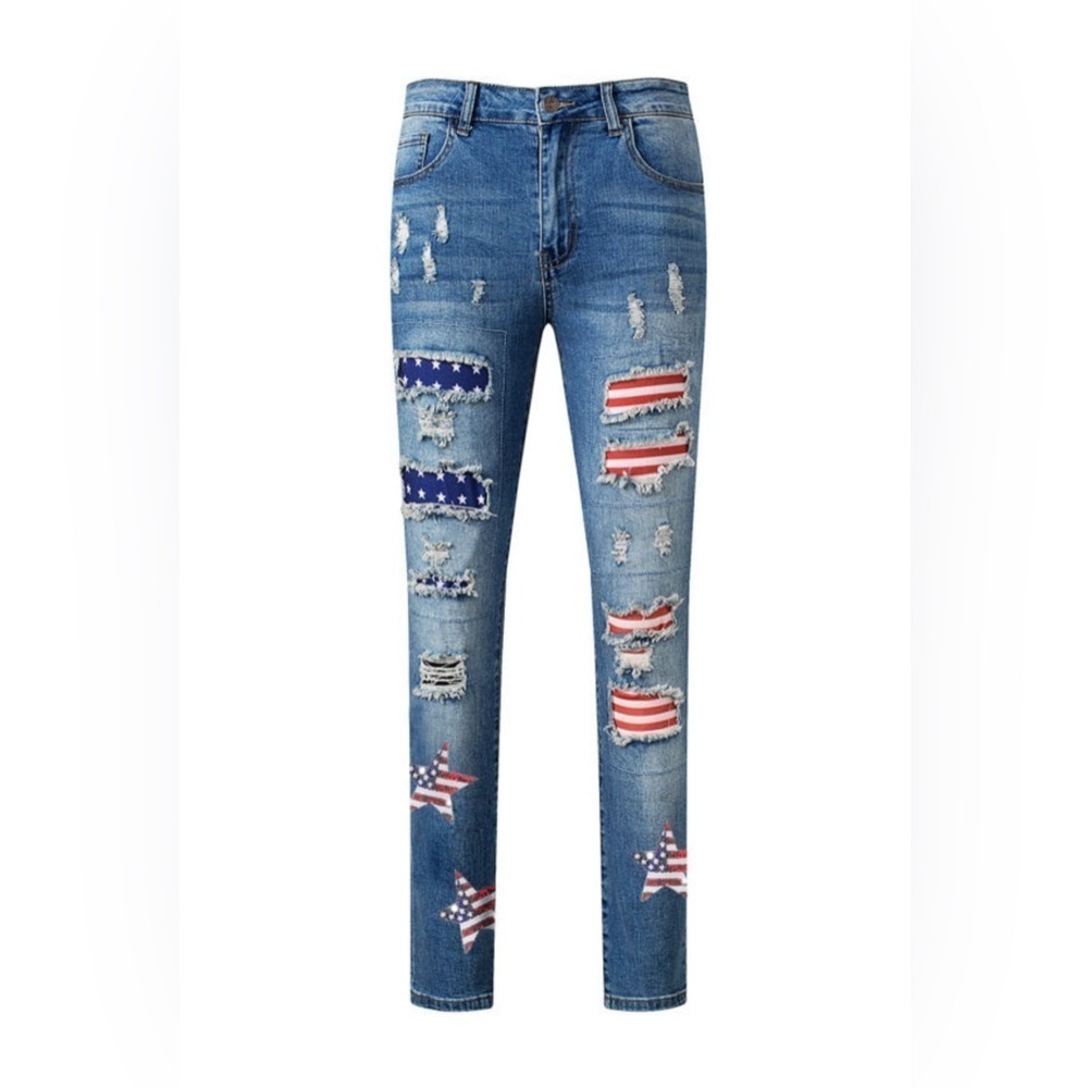 Sequin Star Patriotic Patch Distressed Denim Jeans - Picture 4 of 4
